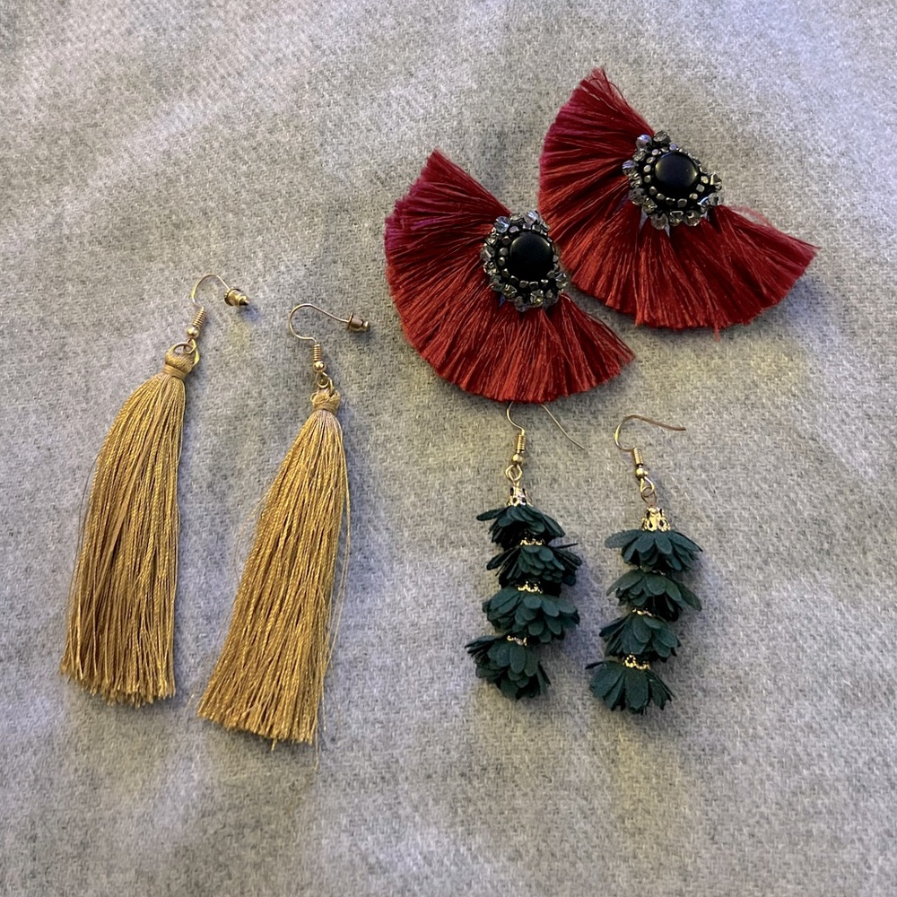 Tassel Earring Trio Lot - Gold, Green & Red Statement Earrings Festival Colorful
